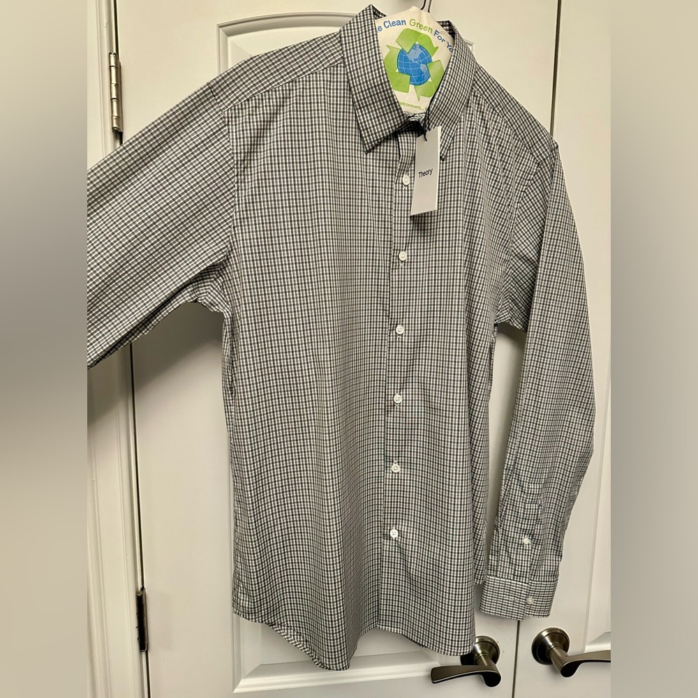 NEW! Theory Men’s Black and White Mini Check Sylvain Dress Shirt